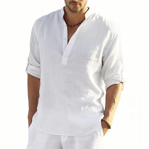 MSIYOW Camisa de Lino Hombre Camiseta Manga Larga Camisa Blanca Casual Top Shirt con Botónes Verano Regular Fit (S, A Blanco)