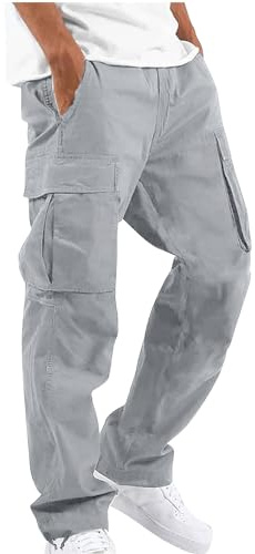 NANAMEEI Men's Cargo Pants Casual Cotton Elasticated Waist Trousers with Pockets,Grey,XL