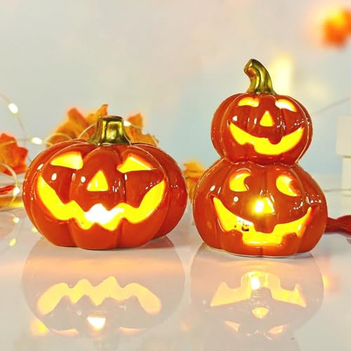 Lot de 2 citrouilles avec les yeux et la bouche - Pour l'intérieur - 100 % céramique - Avec lumières LED blanc chaud - Parfait pour la décoration d'automne et d'Halloween