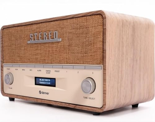 Denver DAB-36 - Grande radio DAB/DAB+ & FM in stile vintage, Bluetooth, ampio schermo ad alto contrasto, ingresso AUX, orologio e doppio allarme, armadio in vero legno, 2 x 5 W, rete elettrica o