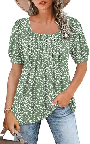 WNEEDU T Shirt Donna Collo Quadrato Magliette Donna Manica Corta a Sbuffo Estive Top Camicia Elegante Plissettata Fluide Tunica Blusa Foglia Verde Oliva M