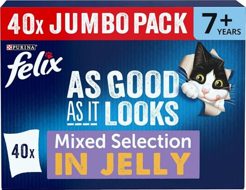 FELIX As Good As it Looks Senior 7+ Wet Cat Food Mixed Selection in Jelly Beef, Salmon, Chicken, Tuna 40 x 85g Pouches