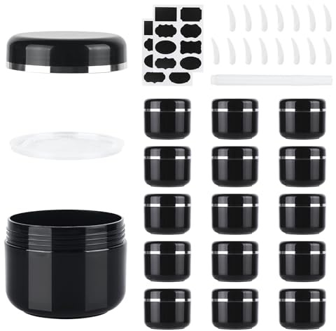MirraSwit 15 Pezzi 50ml Contenitori Cosmetici Riutilizzabile Plastica, Crema Barattoli Vasetto Vuoto di Bordo, Barattolini Cosmetici, con Cucchiaio Raschiatore, Etichetta per Lozioni e Creme