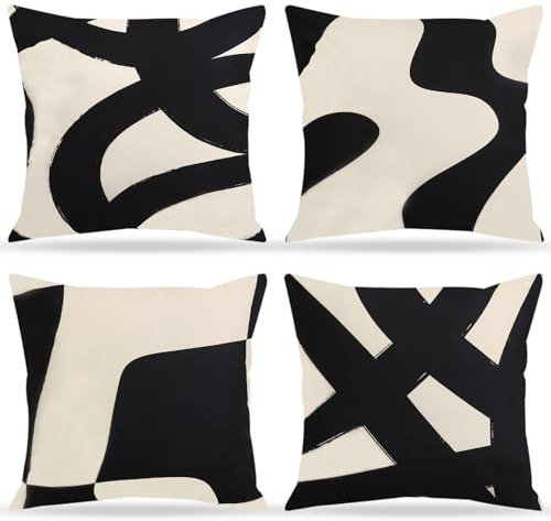 MEIVINES 4er Set Dekorativen Zierkissenbezüge Schwarz 45x45 cm Outdoor Kissen Dekokissen Modern Geometrisch Kissenbezüge für Sofa Wohnzimmer Garten Dekor (Schwarz&Beige)