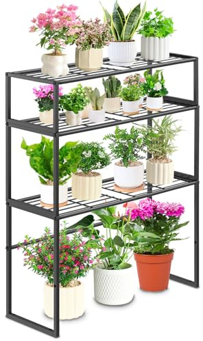 3 Etagen Blumenregal Pflanzenregal, Höhenverstellbarer Blumenständer Metall Schwarz für Mehrere Pflanzen, Pflanzentreppe Blumentreppe Pflanzenständer Gartenregal für drinnen draußen Wohnzimmer
