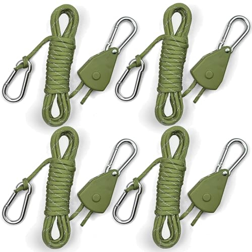 4.6M Paracord Rope Tie Down Ratchet Strap Small Reflective Rope Tent Tarp Grow Retractable Plant Light Hangers Pulley Locking Tightener Tensioner Cinch Kayak 4mm 4Pcs