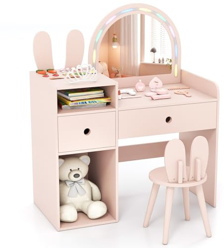 COSTWAY Kids Dressing Table, Girls Vanity Set with Lighted Mirror, Drawers & Storage Compartments, Make Up Pretend Dresser Desk Chair Set for Playroom Bedroom (Pink)