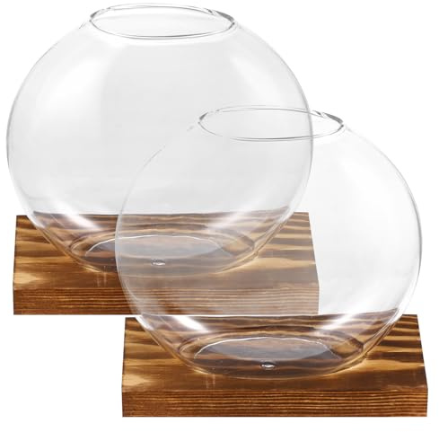 jojofuny Set da 2 Vasi di Vetro Trasparenti per Terrario Vegetale con Base in Legno, Vasi di Vetro per Giardino Pensile Interno e Arredamento Casa, Vaso Idroponico per Balcone, Soggiorno e Ufficio