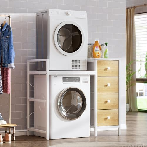 MSFE Scaffale per Lavatrice Salvaspazio, Mobile Lavatrice Asciugatrice con 4 Cassetti, Supporto per Asciugatrice sopra Lavatrice,Salvaspazio, Capacità di Carico 350KG,112x64x108cm Bianco