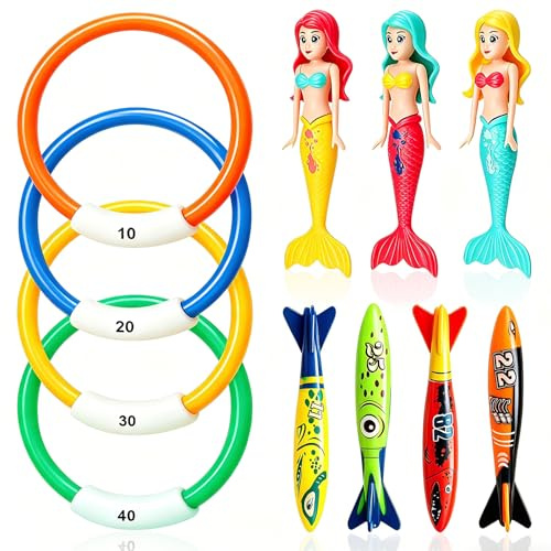 LANGNIDORIS 11 PCS Giocattoli per Piscina per Bambini, Adatti ai Bambini a Partire da 4 Anni, Composti da Anelli da Immersione, Sirene e Torpedini da Gioco, Ideali per i Giochi Subacquei d’Estate