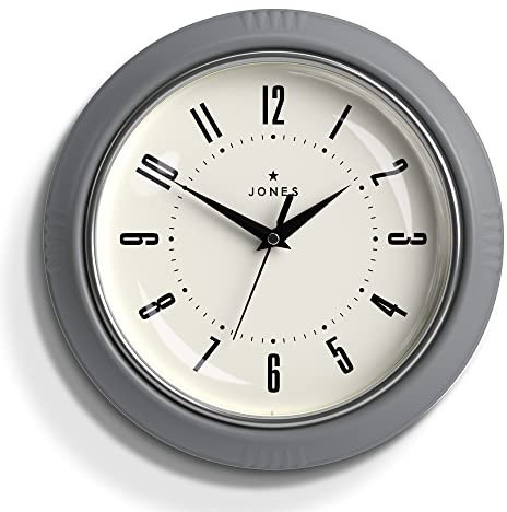 Jones Clocks® Ketchup wall clock | Retro round clock | 25cm | Grey | Easy to read numbers | Perfect for kitchen or office