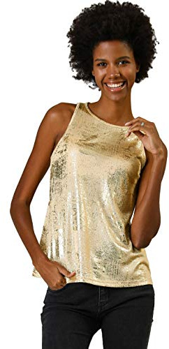 Allegra K Camiseta Sin Mangas con Chaleco Brillante Metálico Brillante Sin Mangas para Fiesta Y Club para Mujer Disfraz de Halloween Dorado M