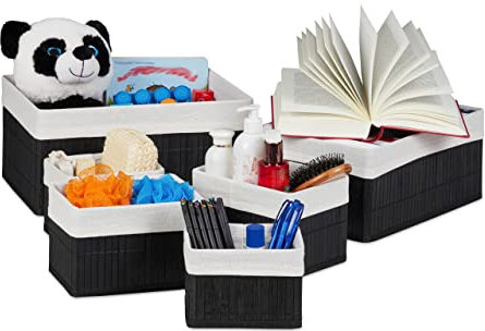 Relaxdays Aufbewahrungskorb 6er Set, Stoffbezug, Bambus, rechteckig, Bad, Accessoires, dekorativer Organizer, schwarz, 17 x 35 x 25 cm