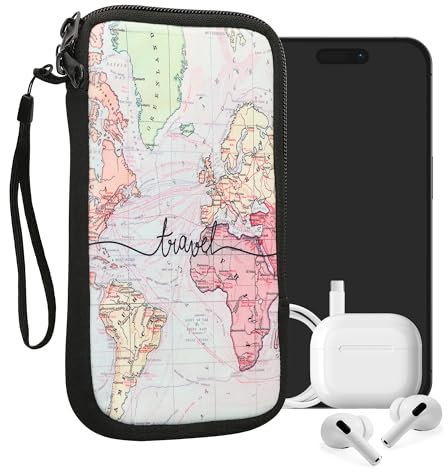 kwmobile Handytasche für Smartphones XL - 6,7/6,8 - Neopren Handy Tasche Hülle Cover Case Schutzhülle - Travel Schriftzug Schwarz Mehrfarbig - 17,2 x 8,4 cm Innenmaße
