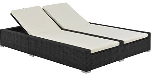 Yolola Doppel-Sonnenliege Polyrattan Sonnenliege Verstellbar Gartenliege Garten Rattanliege Loungebett Outdoor Liegestuhl Rattan Relaxliege Poly Rattan Schwarz