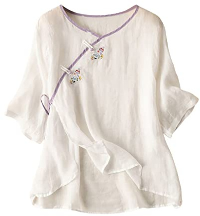 Vimoli Chemisier Femme Vintage Style Ethnique Broderie Imprimé Floral Haut à Manches Courtes D'Été Décontractée Col en V Boutons Tunique Top T-Shirt Chic Élégant Blouse en Lin(A Blanc,XXL)