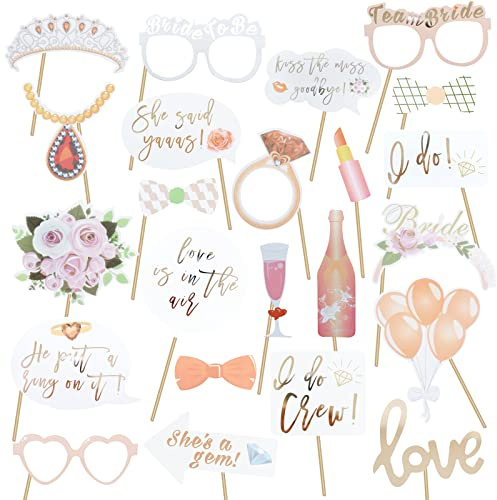 Mayzurain Wedding Photo Booth Props, Bachelorette Party Decorations, Engagement Party Decorations in Rose Gold, Pink with Glitter 23 pcs Pre-Assembled Funny Props