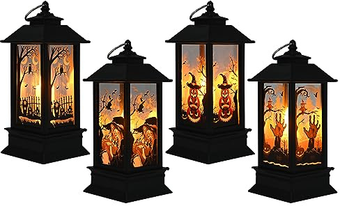 4 Piezas Halloween Linterna Decoración, Iluminación LED de Vela Colgante Linterna Calabaza Cuervo Bruja Fantasma Mano Patrón para Interior Exterior Vacaciones Jardín Halloween Fiesta Decoración
