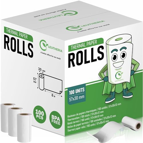 Confezione da 100 rotoli di carta termica per carte di credito - Rotoli termici 57x30x12mm per ricevute di cassa/ricevute di carte di credito/rotoli di carte/stampanti - Senza BPA