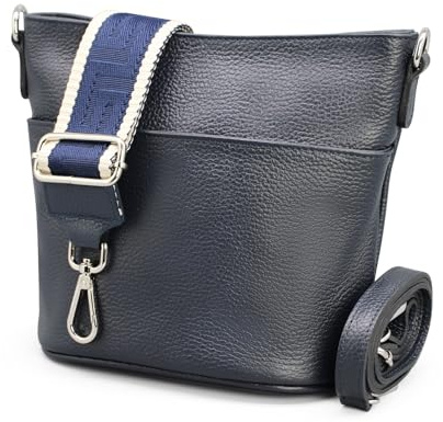 Adel Bags Damen Umhängetasche Echtes Leder LINA Handgemachte Crossbody Bag 4 Fächer Schultertasche mit Ledergurt + Breitem Gemustertem Riemen wasserdichte Stylische Made in Italy (Navyblau 2)