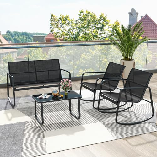 GIANTEX 4 delar Trädgårdsmöbler, loungeset, set med soffbord och trädgårdsbänk och 2 gungstolar, textil, balkongmöbler med mjuk gungrörelse, utemöbler, trädgård, sittgrupp 4 personer