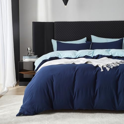 Boqingzhu Baumwolle Bettwäsche 200x200cm Blau Dunkelblau Hellblau Einfarbig Uni Aesthetic Wendebettwäsche Set Bettbezug 200x200cm und 2 Kissenbezüge 80x80cm mit Reißverschluss
