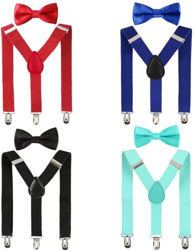 kilofly 4 Sets Boys Pre-tied Adjustable Neck Bow Ties + Elastic Suspenders Pack