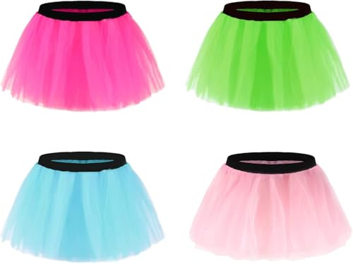 Erogeen 4 Pack Runner Tutu Skirts Women Tulle Skirt 3 Layered Elastic Puffy Tutus 80s Fancy Dress Costumes (UK, Alpha, One Size, Regular, Regular, Standard, Multi-02)