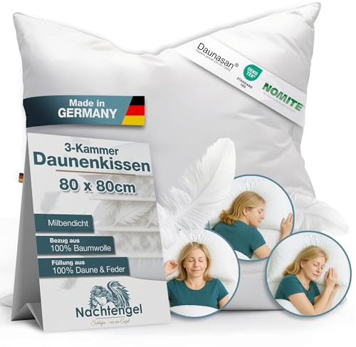 Nachtengel Cuscino in piuma 80 x 80 cm, cuscino a 3 camere in 100% piumino e piume, morbido cuscino per letto da hotel, prodotto in Germania, traspirante, per tutti i tipi di sonno (1, bianco, 80 x 80
