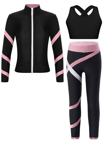 LiiYii Sportanzug Mädchen Sportjacke Mit Sport Bh Und Leggings Gymnastikanzug Trainingsanzug Atmungsaktiv Freizeit Anzug Schwarz&Pink 122-128