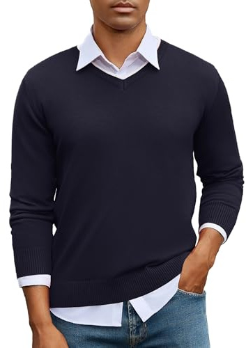 iClosam Maglione con Scollo a V da Uomo, Classico Maglioni a Maniche Lunghe con Contrasto di Colori, Traspirante Maglioncino da Uomo in Misto Cotone Lavorato a Maglia,Blu Navy