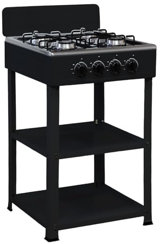 Marvin Fornello a Gas 4 Fuochi da Campeggio Piano Cottura con Supporto 2 Ripiani in Acciaio Cucina da Esterno Portatile Piastra Inox (Nero)