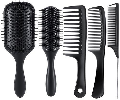 SALONSILK 5PCS Hair Brush Comb Set, Women Men Paddle Styling Hair Brushes Wide Fine Tooth Combs, Parting Barber Professional Set for Detangling, Thick, Natural, Thin, Curly