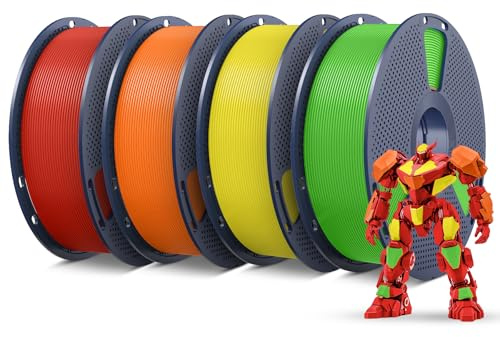 SUNLU PETG 1,75 mm Filament, 4 kg-förpackning, mindre töjning och god vidhäftning mellan skikten, individuellt vakuumförpackat, 1 kg per rulle, 4 färger, solorange + gul + röd + grön.