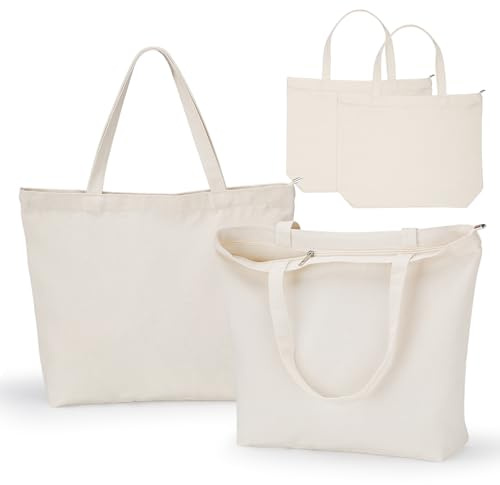 Einfa Tote Bag Tela - 2 Pack Beige Borsa di Tela con Cerniera - 38×40×10cm Canvas Shopper Tote Bags con Zipper - Beige Borsa da Viaggio per Donna Università Ufficio