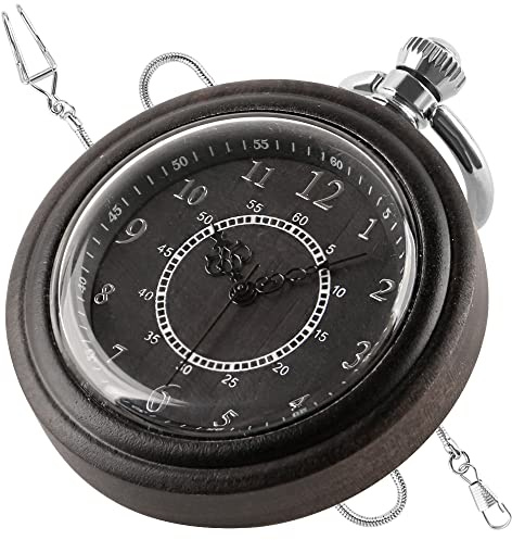 Utomhusklocka, Vintage trä handgjorda bambu antika fickur med kedja herrhänge och presentask(Black)