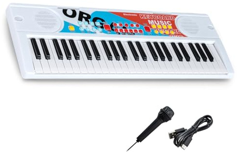 KOMFOTTEU Pianoforte Digitale a 49 Tasti, Alimentatore Dual Mode, con 8 Ritmi, 8 Timbri e 10 Demo, Tastiera Elettronica con Microfono, Pianola Portatile per Bambini e Ragazzi 3+ Anni (Bianco)