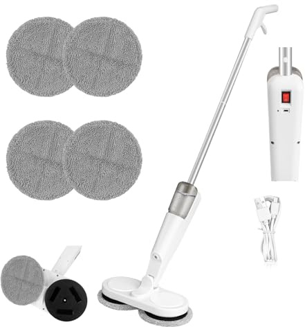 Cordless Mop Electric Mop 7.4V 2000mAh Lithium Battery 200ml Water Tank 1 Hour Runtime Dry & Wet Mopping White 113x28x13cm