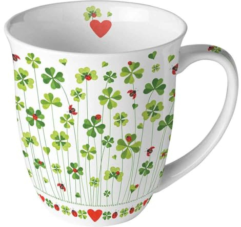 Ambiente benporslin kopp med klöverblad och nyckelpiga design, 400 ml porslinsmugg för te eller kaffe, vit med hjärtmotiv, 10 cm diameter Good Lucky