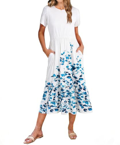ROFUSSO Abito Estivo da Donna in Stile Boho con Stampa Floreale e Maniche Corte Abito Casual da Spiaggia Midi con Scollo Rotondo e Tasche(Bianco,XL)