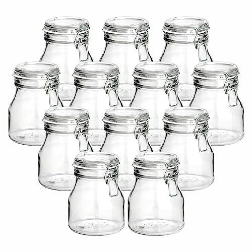 gouveo Lot de 12 bocaux de conservation ronds de 750 ml avec bouchon à étrier blanc – Bocaux à étrier en verre avec couvercle hermétique