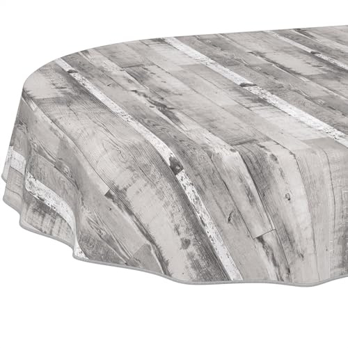 ANRO Wachstuch Tischdecke oval mit Einfassung – Holzoptik Grau Weiß – PVC-Tischdecke abwaschbar & robust – modern für Innen & Außen 180 x 140 cm (Oval)