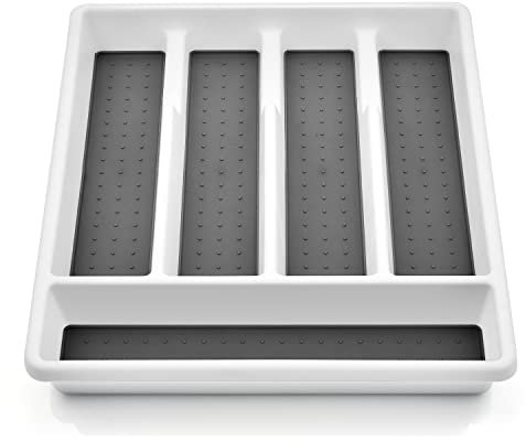HaWare Cutlery Tray, Plastic Cutlery Organiser with 5 Compartments, Non Slip Silverware Drawer Tray for Spoon Fork Knife, 32.5x29x4.5cm, White & Grey