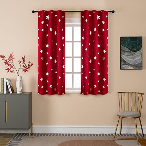 GIRASOLE HOME® Coppia Tende Oscuranti Morbide Fantasia Stelle Argentate Tenda Morbida per Interni con Tasca e Passanti Nascosti 2 Pannelli (Rosso, 70x145cm)