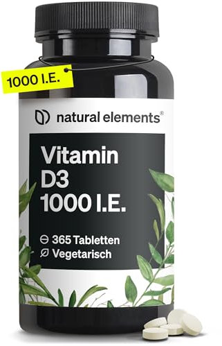 natural elements Vitamin D3 1000 I.E. – 365 Tabletten im Jahresvorrat – Vitamin D für Knochen und Immunsystem – hochdosiert, ohne unnötige Zusätze – in Deutschland produziert & laborgeprüft