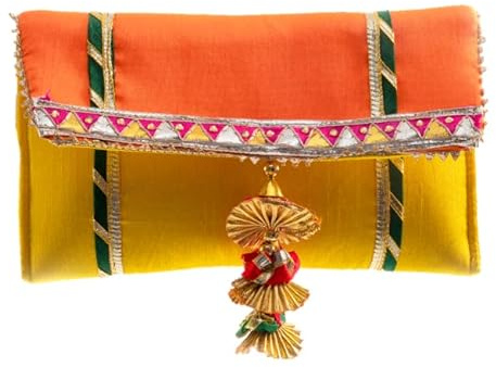 Clutch Batawa Bag Purse Embroidered Embellished Handmade Traditional Ethnic Work Wedding Wristlet Ladies for Girls Women for Party Wedding Special Occasion and Gifting (Yellow and Orange - 8.8x5)