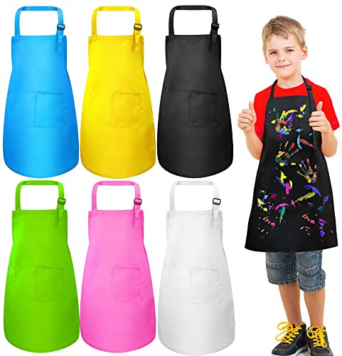 umboom Set di 6 Grembiuli per Bambini, Ragazzo Ragazza Cuoco Grembiule, Regolabile Bambini Grembiule con 2 Tasche per Artista, Scuola, Cucinare, Pittura, Giardinaggio (Multicolore