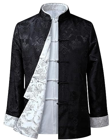 GVILTY Bordado Kung Fu chaqueta ambos lados desgaste tops hombres artes marciales ropa manga larga jersey,Tang traje abrigo tradicional chino algodón lino Tai Chi ropa negro1-XL
