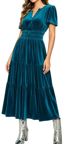 R.Vivimos Autumn Winter Women's Velvet Maxi Dress Short Sleeve V Neck Tiered Ruffle A Line Vintage Dress