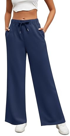 Xnova Hosen Damen mit Geradem Bein Yogahose, Lounge Jogginghose Kordelzug Breites Bein Freizeithose Hohe Taille, Bequem Viskose Hose Sweatpants Dehnbar Homewear Sporthose mit Taschen (Blau, L)